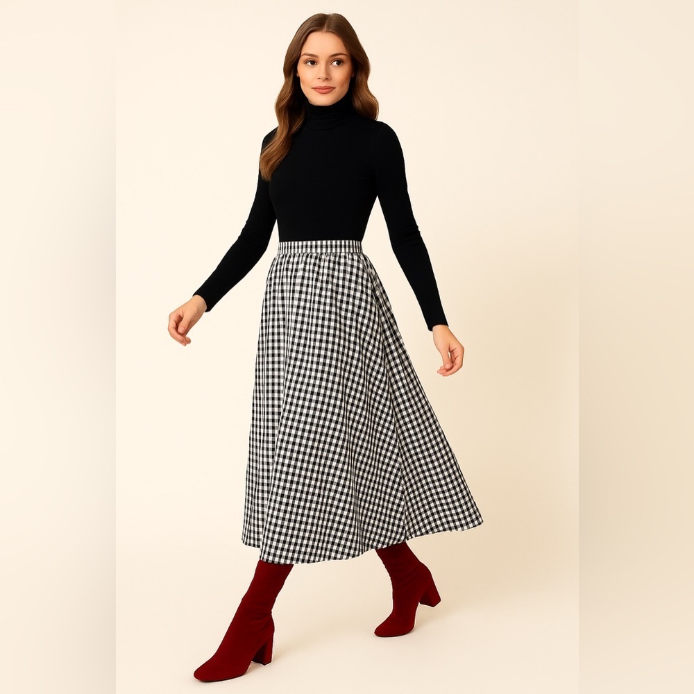 THE AUDREY GINGHAM CHECKED MIDI BLACK & WHITE SKIRT